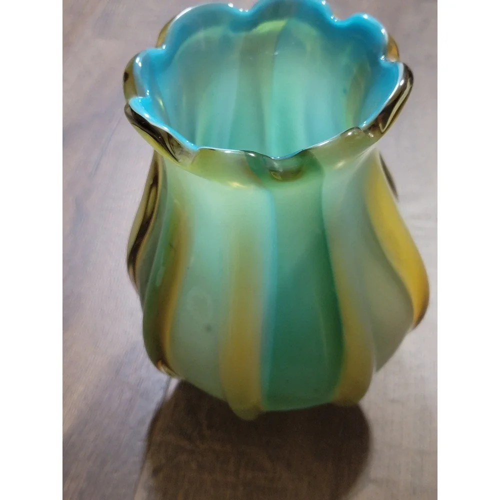 Vintage Art Glass Vase Swirl Green Yellow Iridescent Fluted Top Bud murano style
